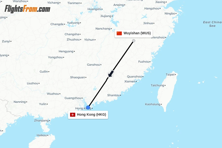 Flights from Wuyishan to Hong Kong route map