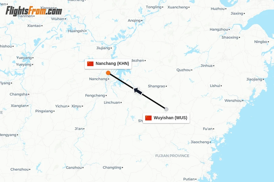 Flights from Wuyishan to Nanchang route map
