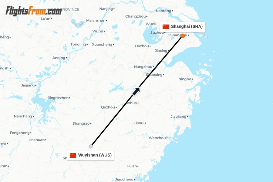 Flights from Wuyishan to Shanghai route map
