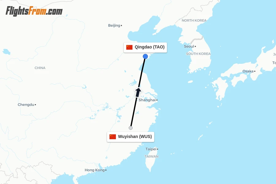 Flights from Wuyishan to Qingdao route map