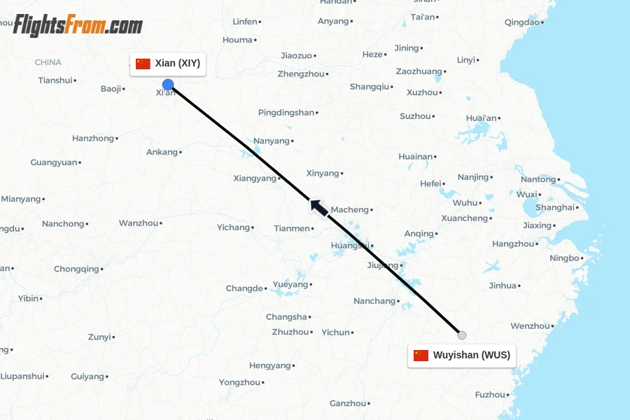 Flights from Wuyishan to Xian route map