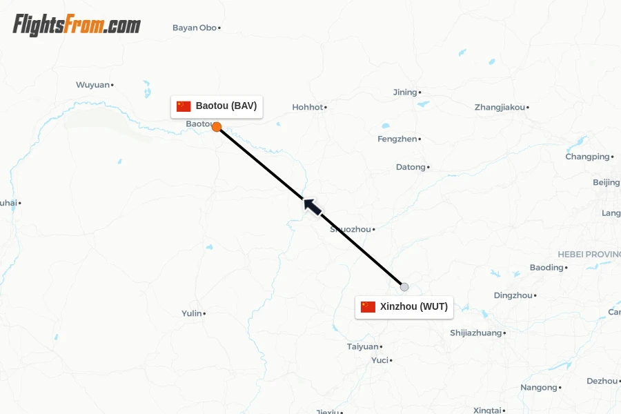 Flights from Xinzhou to Baotou route map
