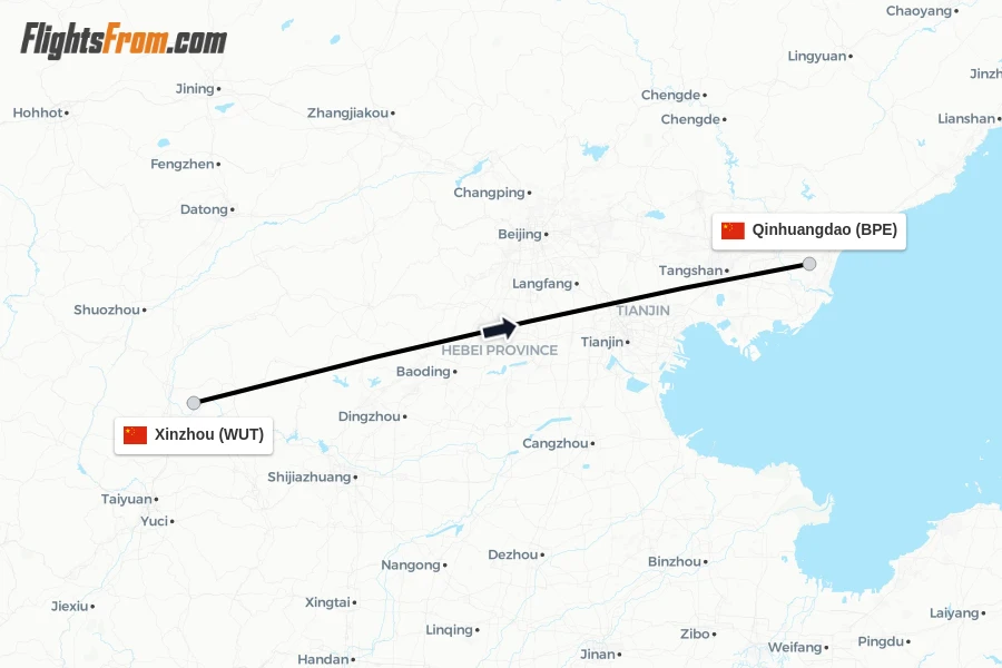 Flights from Xinzhou to Qinhuangdao route map