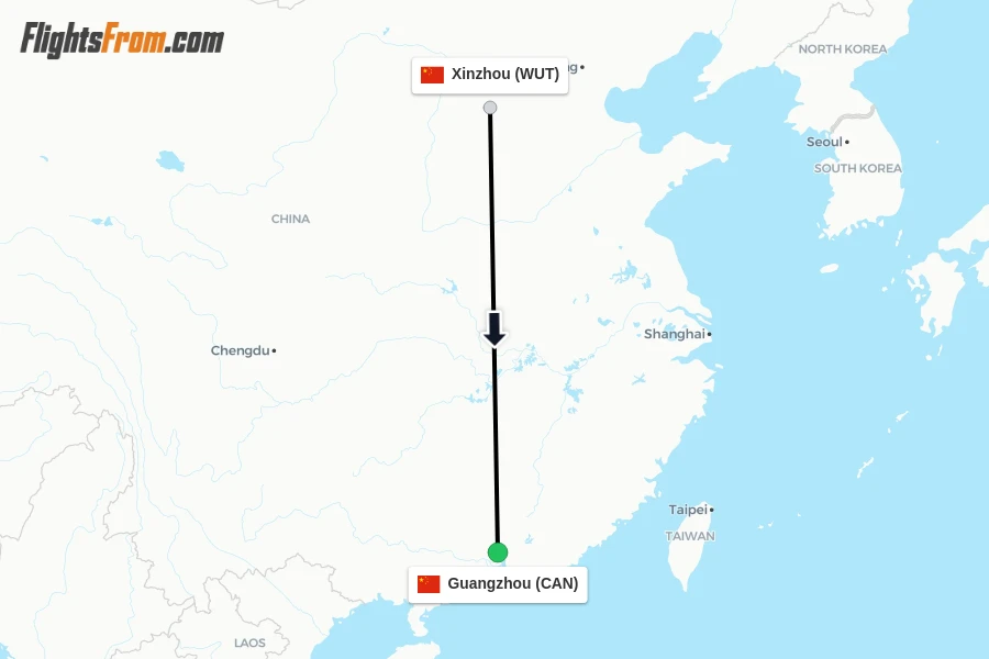 Flights from Xinzhou to Guangzhou route map