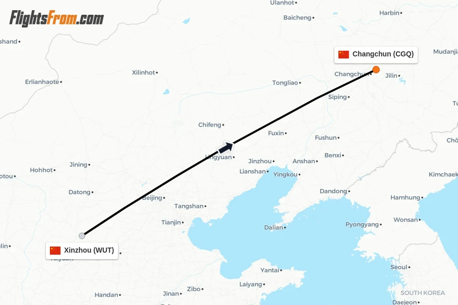 Flights from Xinzhou to Changchun route map