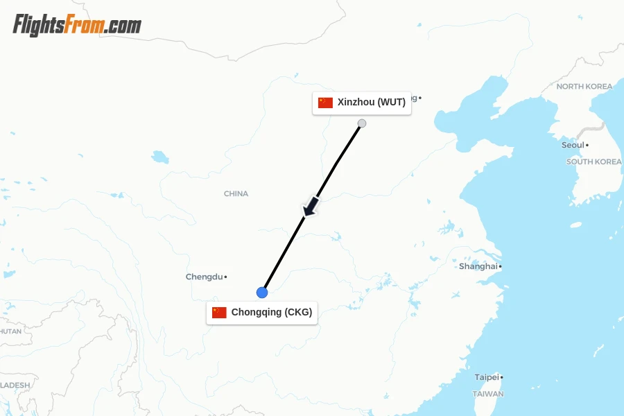 Flights from Xinzhou to Chongqing route map