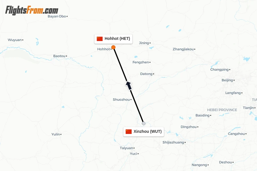 Flights from Xinzhou to Hohhot route map