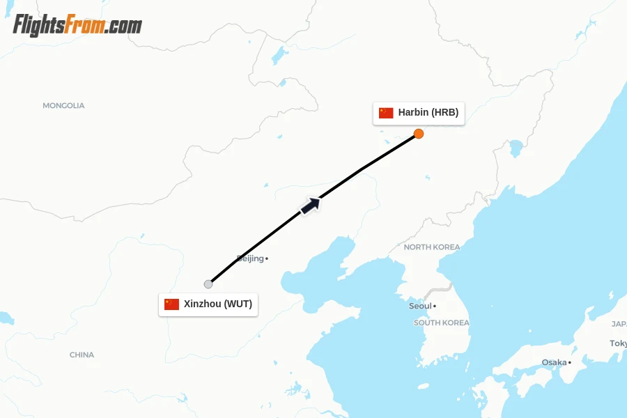 Flights from Xinzhou to Harbin route map