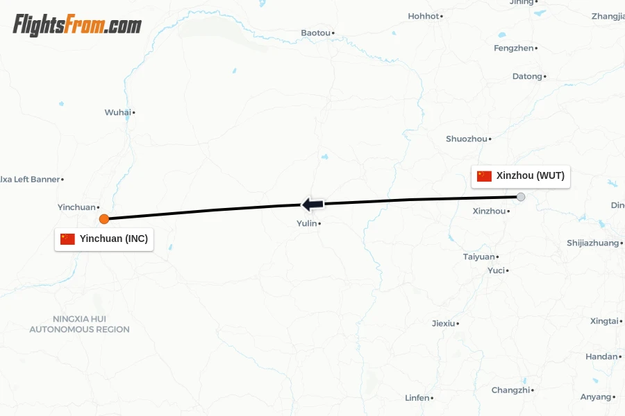 Flights from Xinzhou to Yinchuan route map