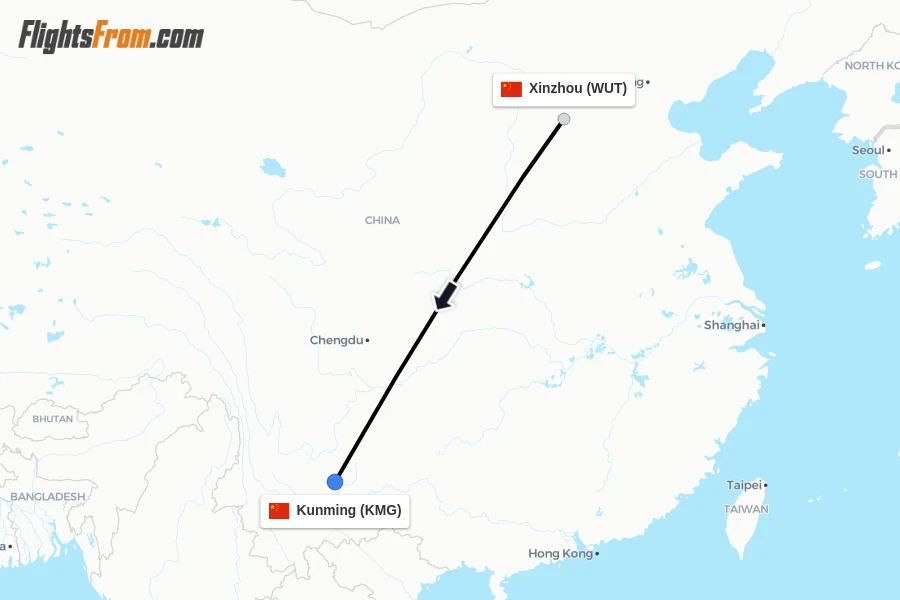 Flights from Xinzhou to Kunming route map