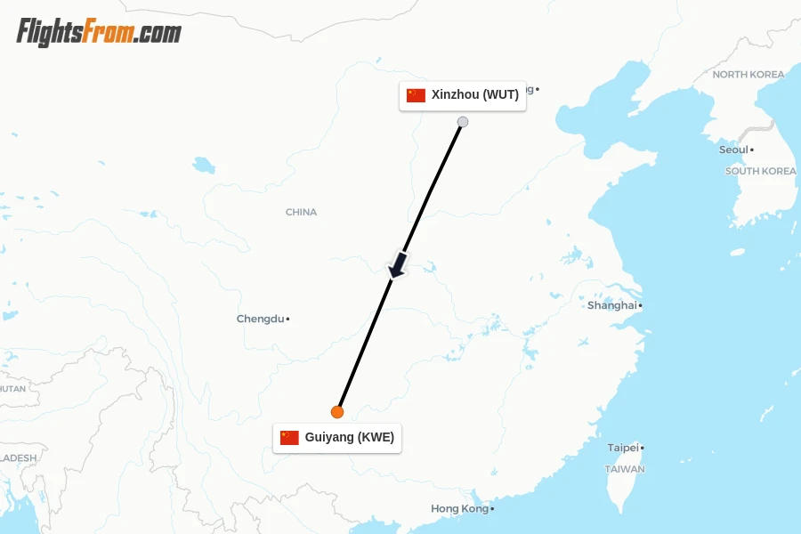 Flights from Xinzhou to Guiyang route map