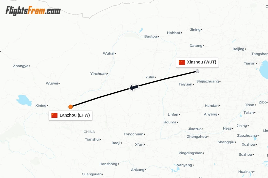 Flights from Xinzhou to Lanzhou route map