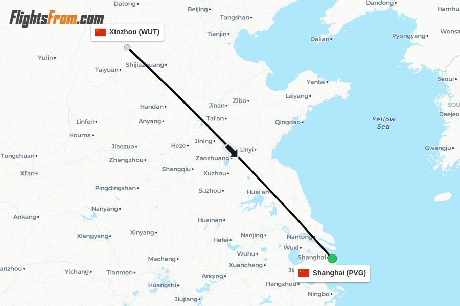 Flights from Xinzhou to Shanghai route map