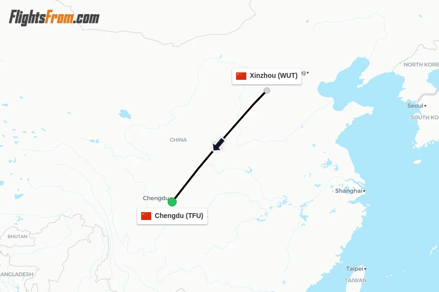 Flights from Xinzhou to Chengdu route map
