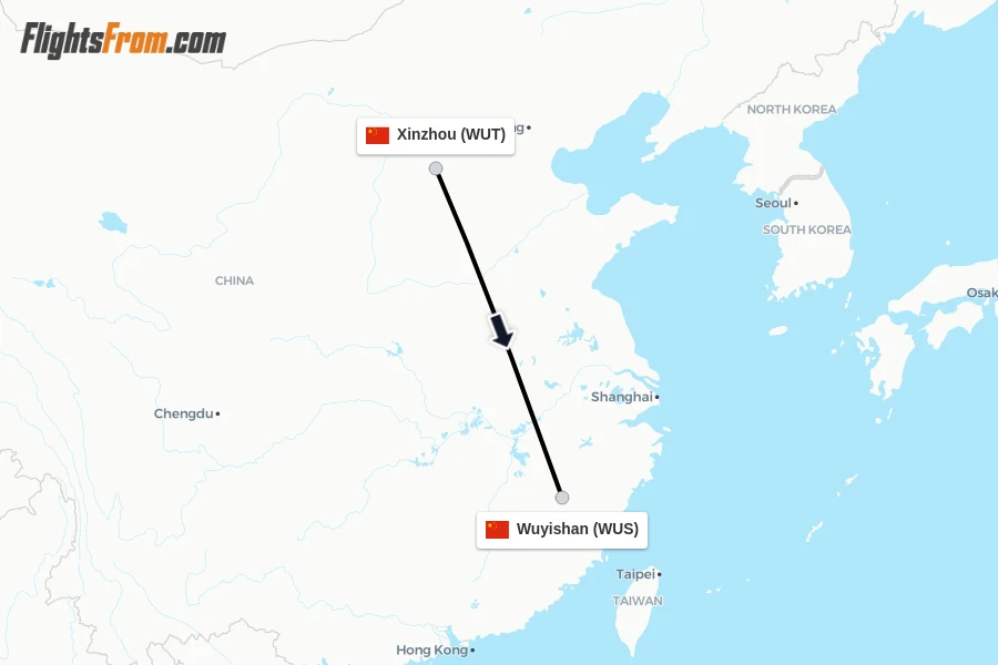 Flights from Xinzhou to Wuyishan route map