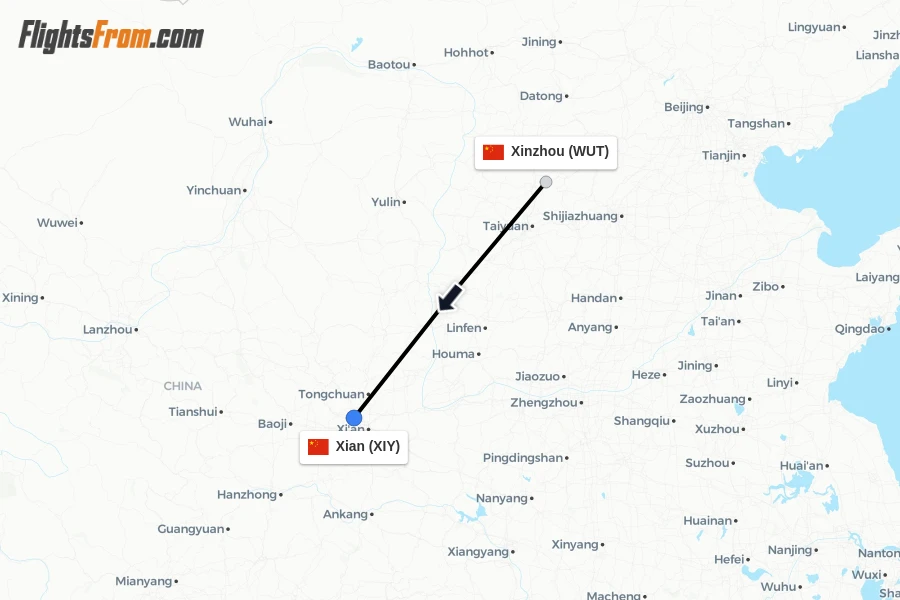 Flights from Xinzhou to Xian route map