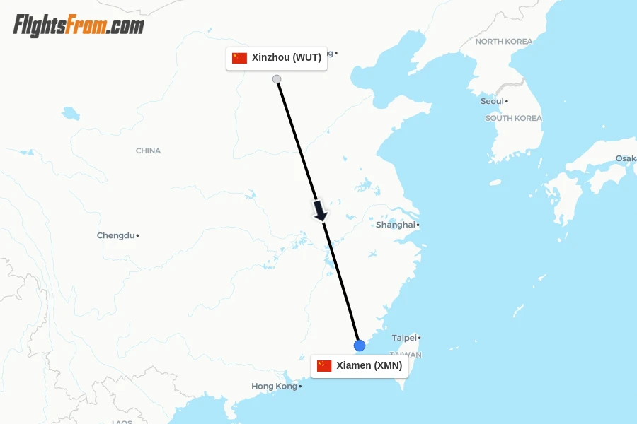 Flights from Xinzhou to Xiamen route map