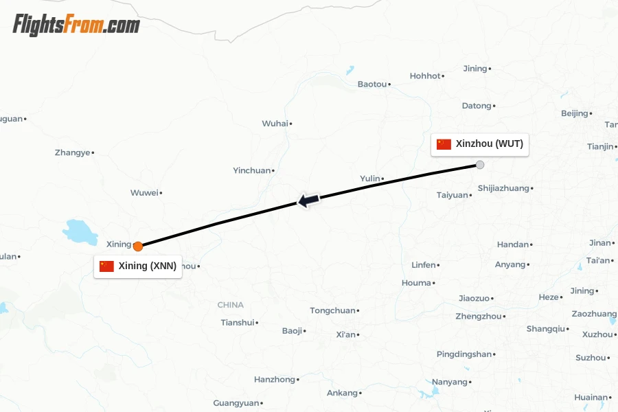 Flights from Xinzhou to Xining route map