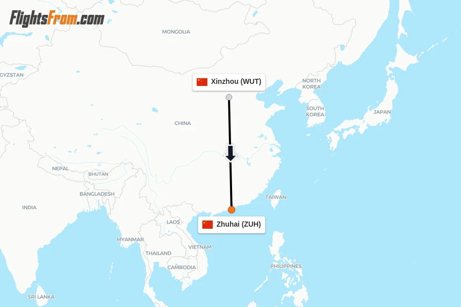Flights from Xinzhou to Zhuhai route map