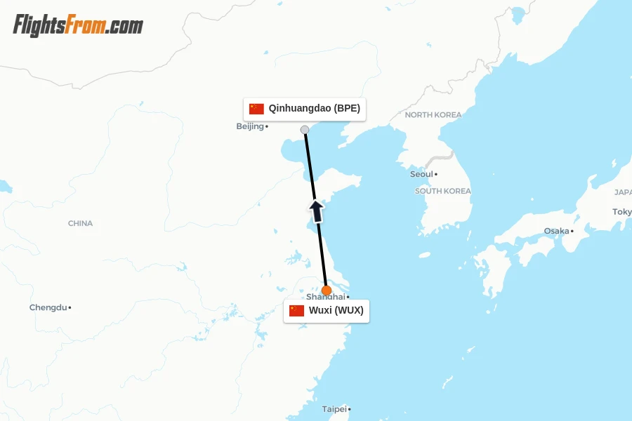 Flights from Wuxi to Qinhuangdao route map