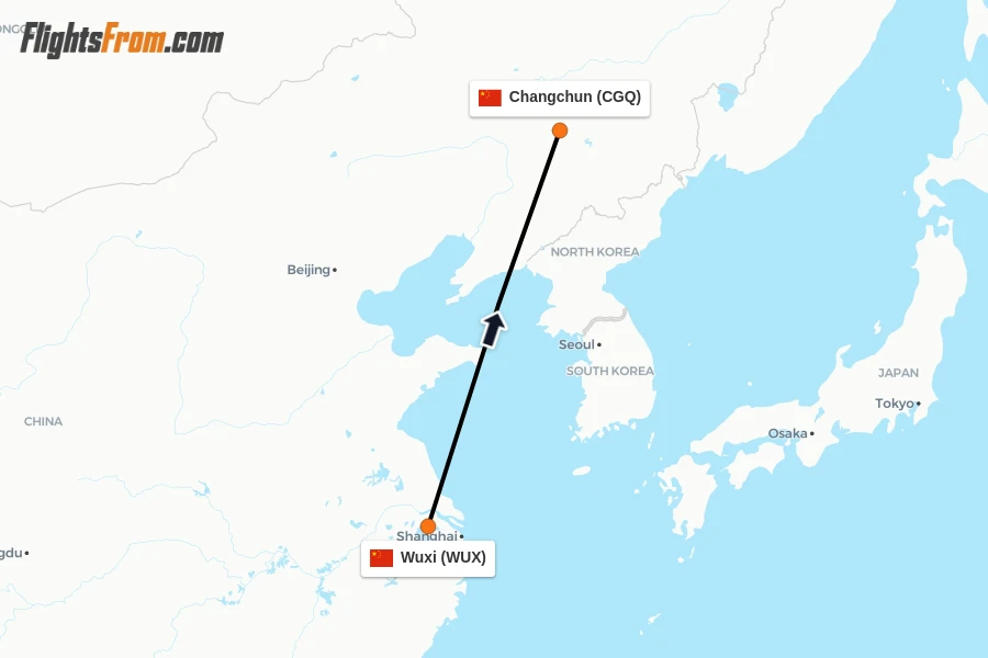 Flights from Wuxi to Changchun route map