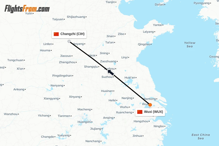 Flights from Wuxi to Changzhi route map
