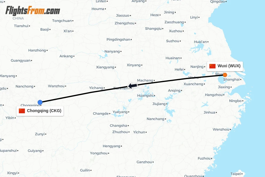 Flights from Wuxi to Chongqing route map