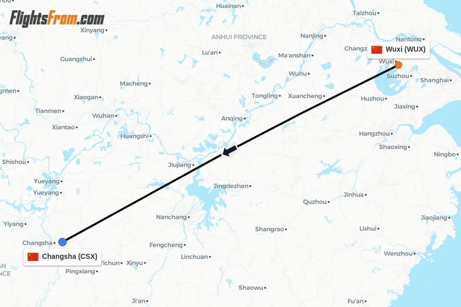 Flights from Wuxi to Changsha route map