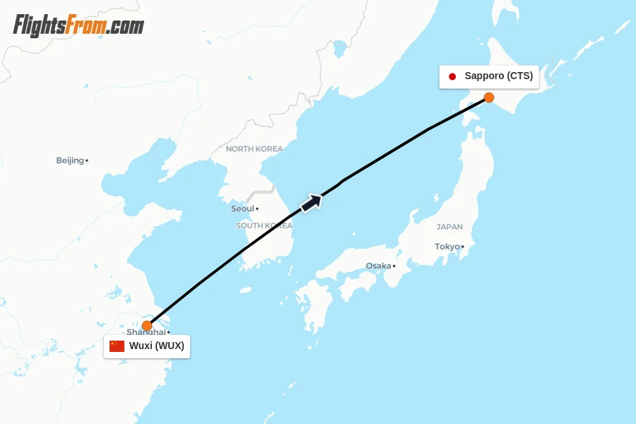 Flights from Wuxi to Sapporo route map