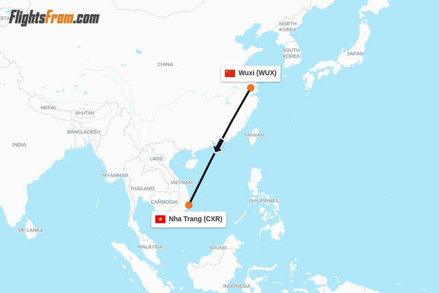 Flights from Wuxi to Nha Trang route map