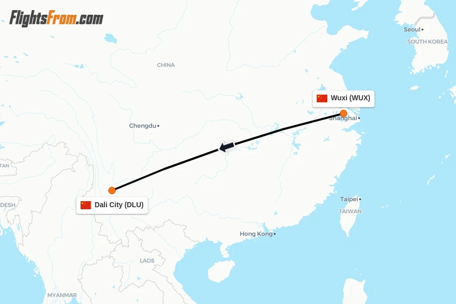 Flights from Wuxi to Dali City route map