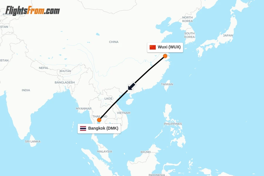 Flights from Wuxi to Bangkok route map
