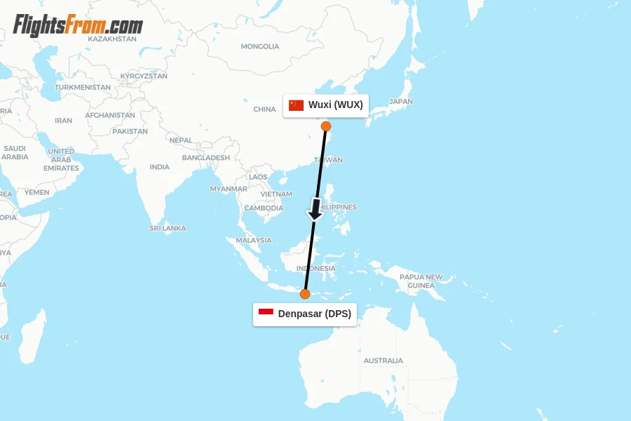 Flights from Wuxi to Denpasar route map