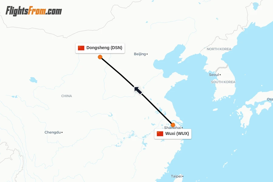 Flights from Wuxi to Dongsheng route map