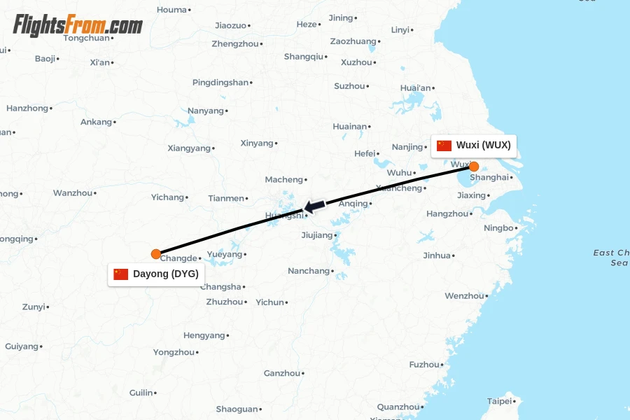 Flights from Wuxi to Dayong route map