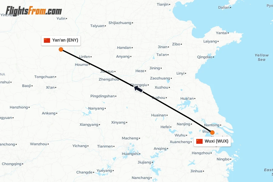 Flights from Wuxi to Yan'an route map