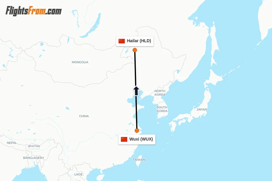 Flights from Wuxi to Hailar route map