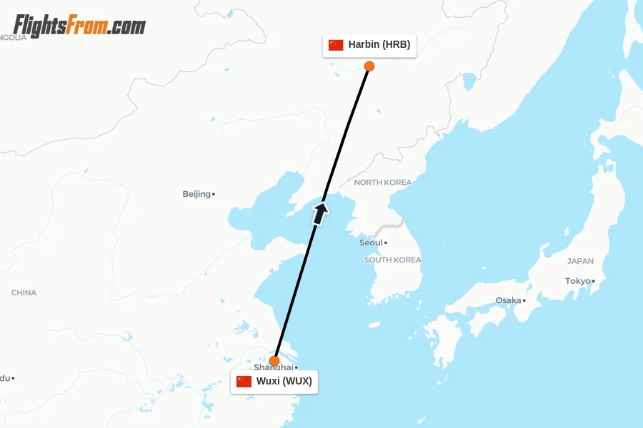 Flights from Wuxi to Harbin route map