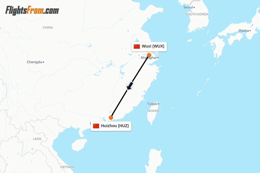 Flights from Wuxi to Huizhou route map