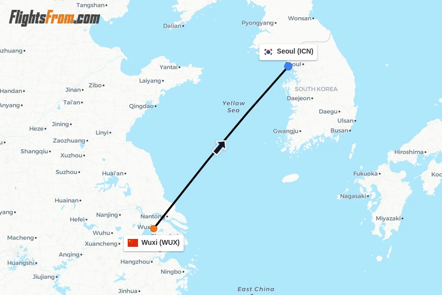 Flights from Wuxi to Seoul route map