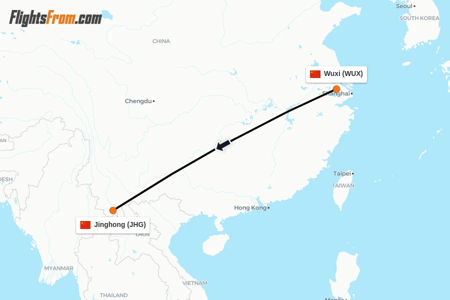 Flights from Wuxi to Jinghong route map