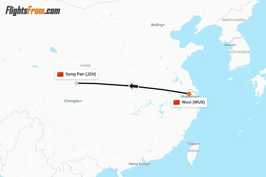 Flights from Wuxi to Song Pan route map