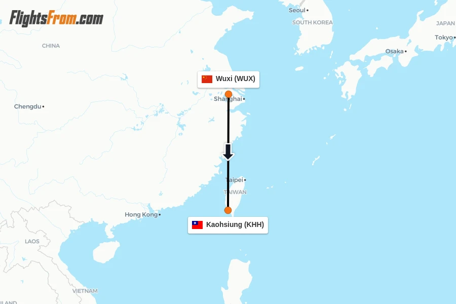 Flights from Wuxi to Kaohsiung route map