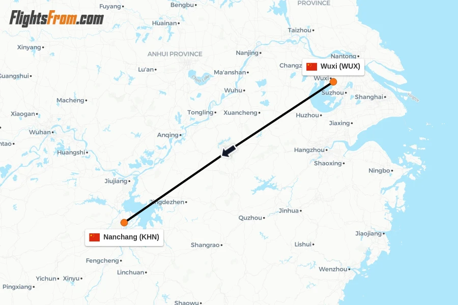 Flights from Wuxi to Nanchang route map