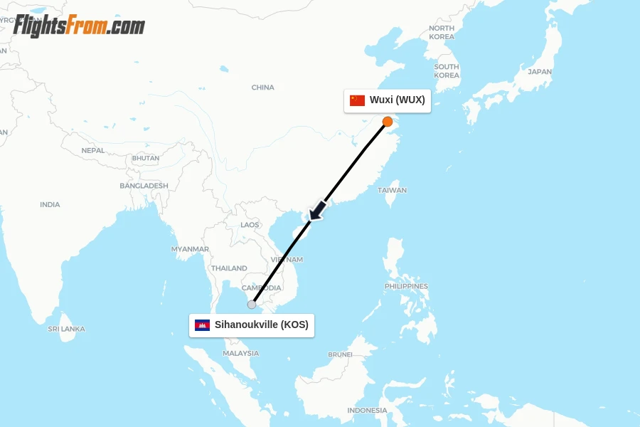 Flights from Wuxi to Sihanoukville route map