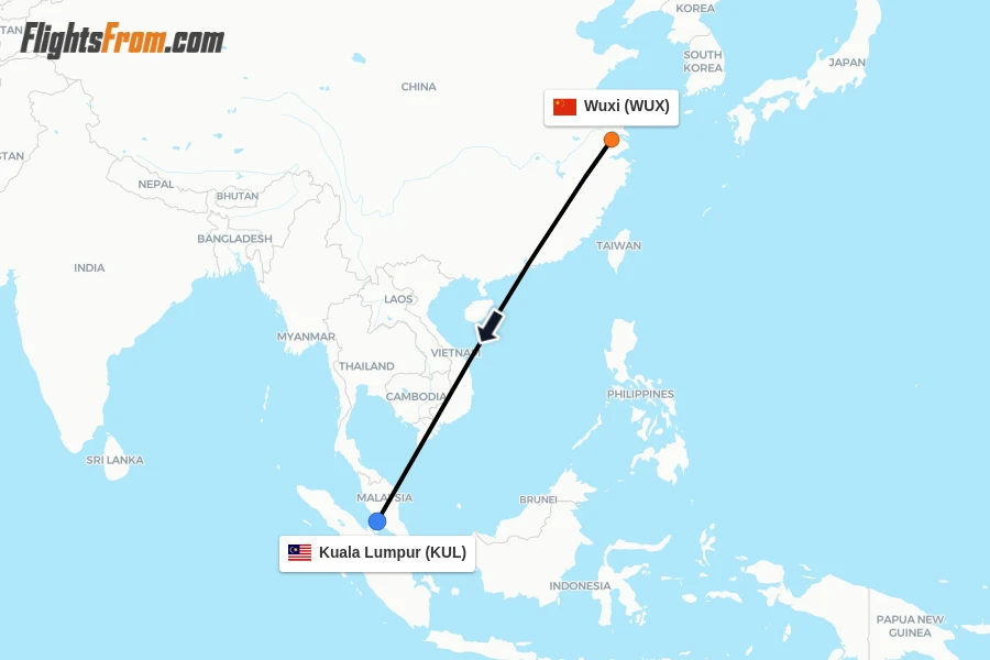 Flights from Wuxi to Kuala Lumpur route map