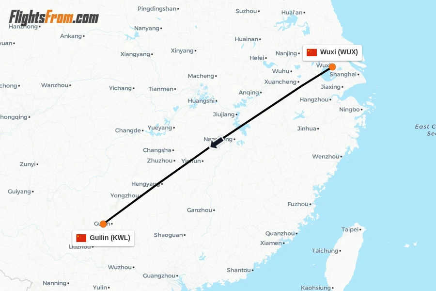 Flights from Wuxi to Guilin route map