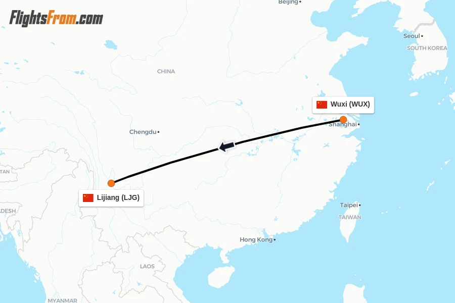 Flights from Wuxi to Lijiang route map