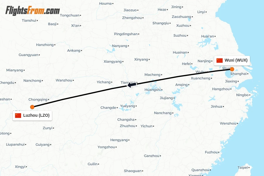 Flights from Wuxi to Luzhou route map