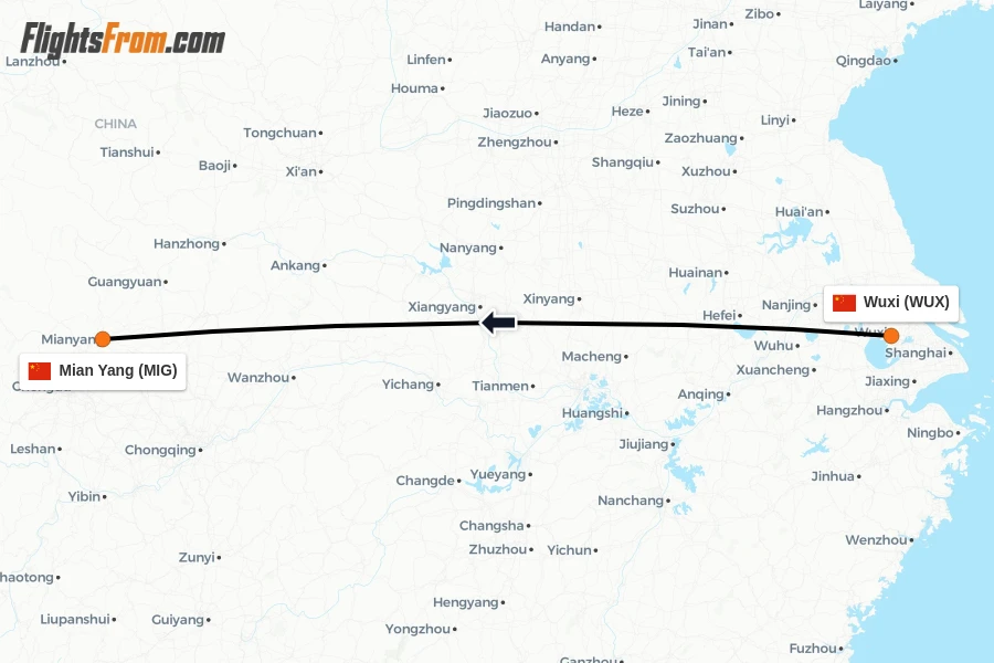 Flights from Wuxi to Mian Yang route map